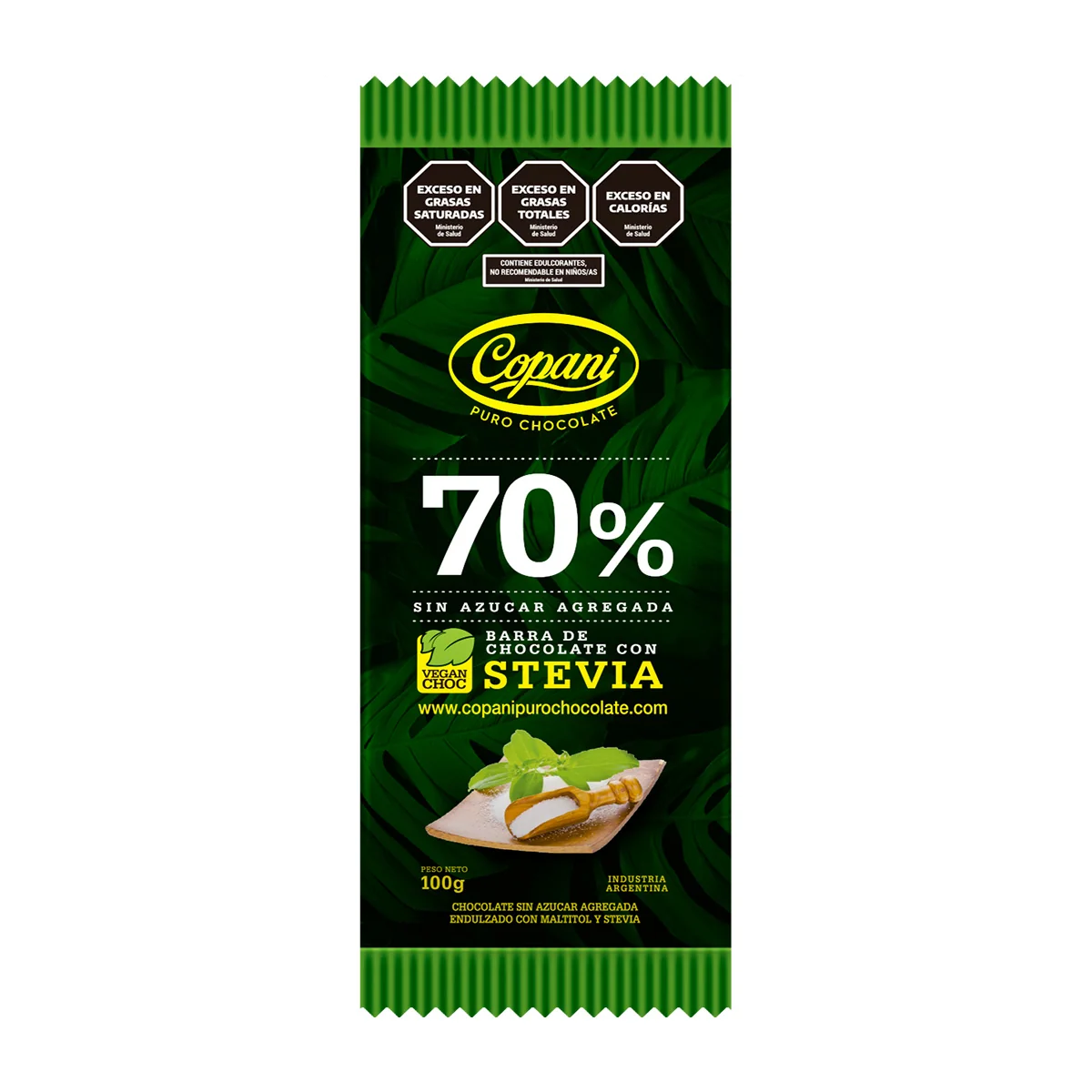 BARRA CHOCOLATE 70% STEVIA  X 100 GR.